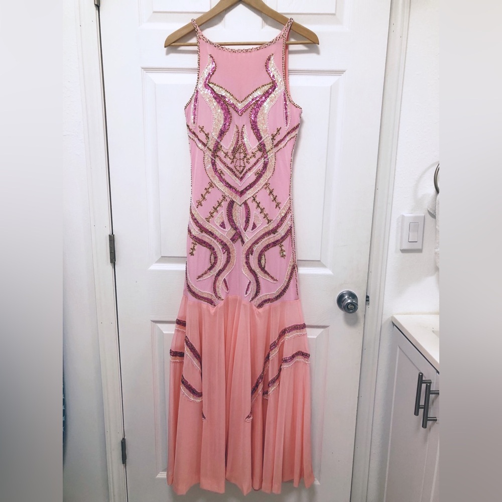 Pink Beaded Sequin Mesh Dress Party Pagent Cruise Formal Prom